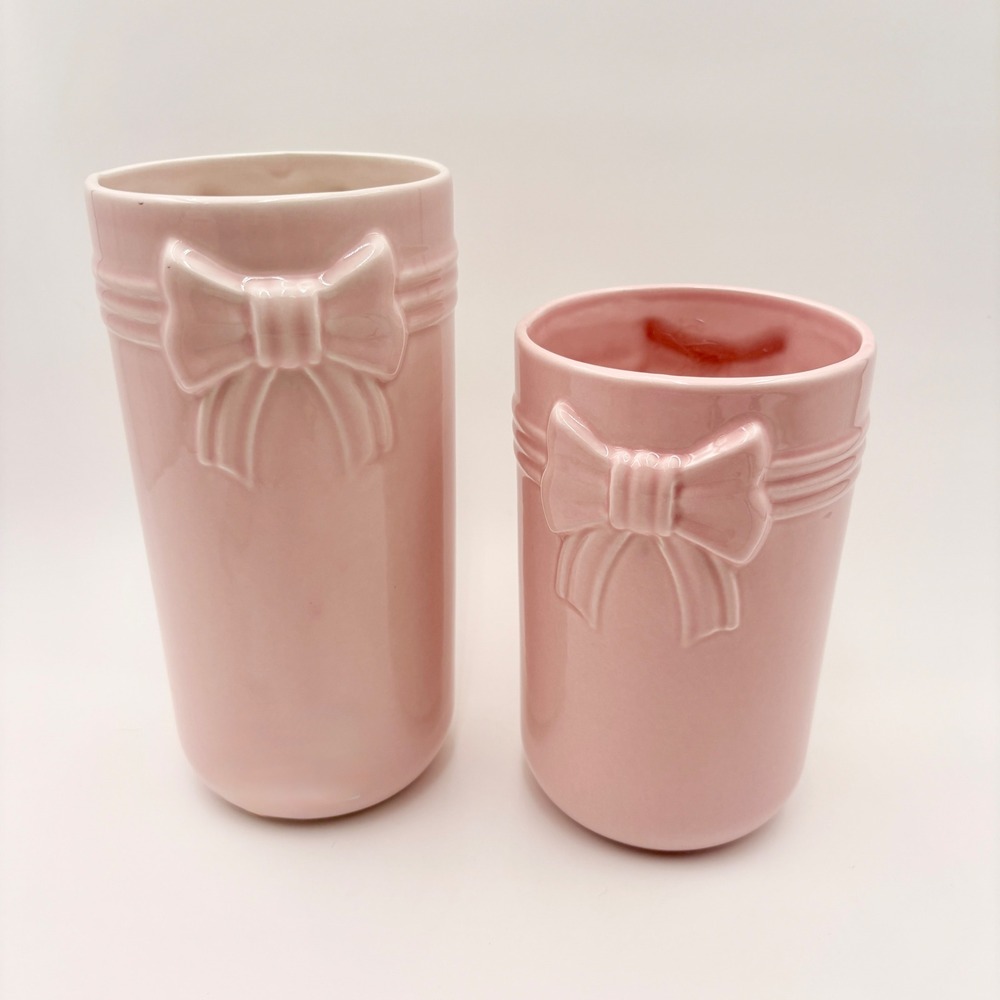 Paris Hilton Pink Ceramic Bow‎ Flower Vase Set of 2 Coquette Home Decor New